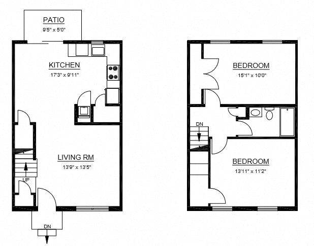 Floor plan for 2 beds, 1 bath, 1073 sqft